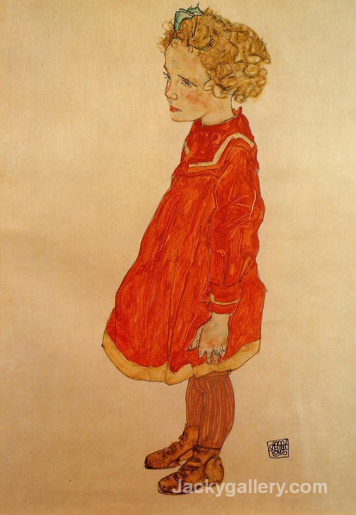 Little Girl with Blond Hair in a Red Dress by Egon Schiele paintings reproduction